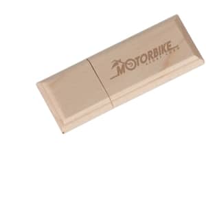 A wooden flash drive featuring a logo, showcasing a rectangular design with smooth edges.