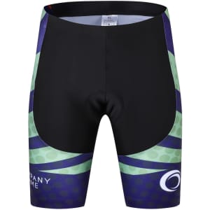 Men's sublimated cycling shorts in black with green and blue wave patterns, featuring a logo on the side.