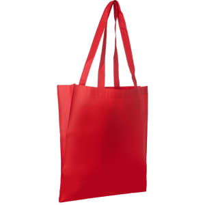 A red non-woven long handle bag with a V gusset and two sturdy handles. It features a logo.