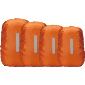 Four orange reflective backpack rain covers are stacked, featuring a grey strip on each cover.