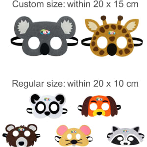 A collection of felt animal masks, including a koala, giraffe, panda, dog, mouse, and raccoon, in various colours.