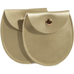A gold oval PU leather jewelry pouch with a rounded flap and a gold snap closure.