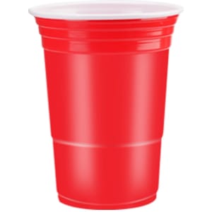 A set of red party cups stacked together, featuring a smooth surface and a shiny finish.