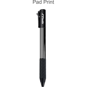 A black plastic pen with a clip, featuring a textured grip and a sleek design. It includes a branding logo.