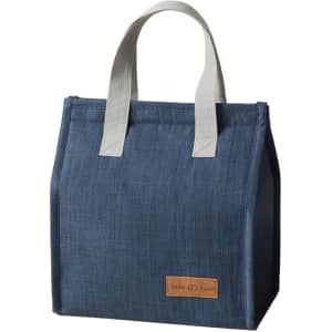 A blue minimalist lunch bag with grey handles and a small logo on the front.