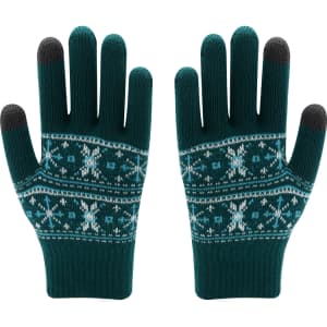 Adults Jacquard gloves in teal with a snowflake pattern and dark grey fingertips. Features a knitted design.