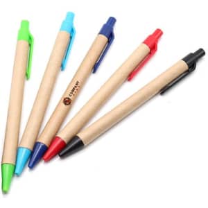 A set of five Kraft Paper Pens in green, blue, red, black, and a natural paper finish with a logo.