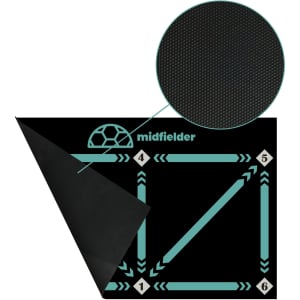 A football training mat with a textured surface, featuring various directional markings in teal and a logo.