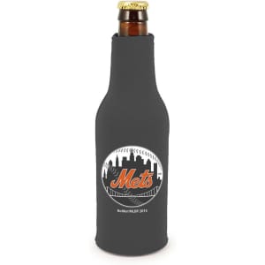 A drink bottle cooler in black with a logo, designed to fit standard-sized bottles.