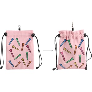 A pink pouch featuring colourful golf tees, designed with a drawstring closure and a clip attachment.