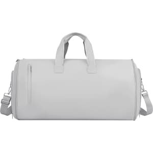 A grey convertible duffel bag with sturdy handles and a detachable shoulder strap, featuring a zippered compartment.