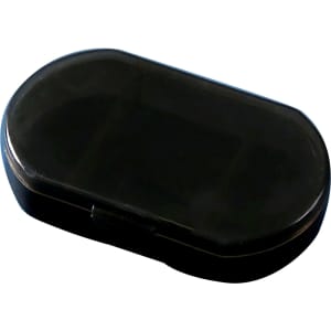A black, oval pill box featuring three compartments and a secure closure, with a smooth surface.