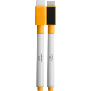 A set of two magnetic whiteboard markers with yellow caps and a flat tip, resting on a white surface.