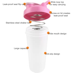 A drink bottle with a pink loop top and white body, featuring a stainless steel shaker ball and a wide mouth design.