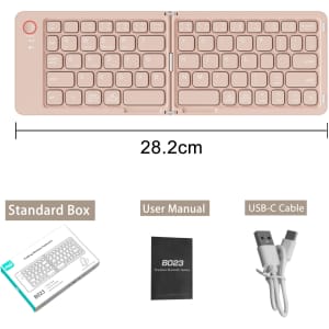 A wireless foldable keyboard in a light pink shade, accompanied by a user manual and USB-C cable.