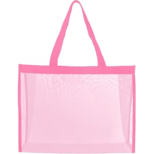 A pink transparent mesh tote bag with two handles and a roomy design, featuring a logo on one side.