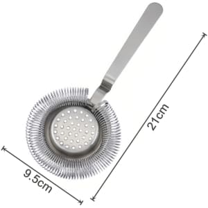 A round silver cocktail strainer with a long handle, featuring a circular perforated design and measuring 21cm in length.