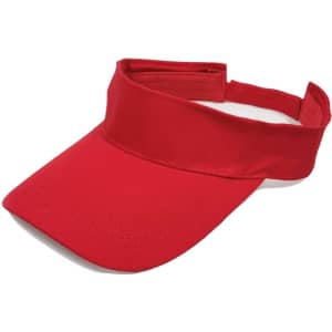 A red Sport Visor with a wide brim and adjustable strap, featuring a logo on the front.