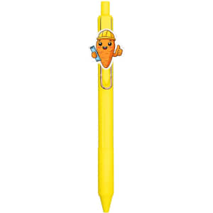 A yellow acrylic pen featuring a carrot character clip and a logo.