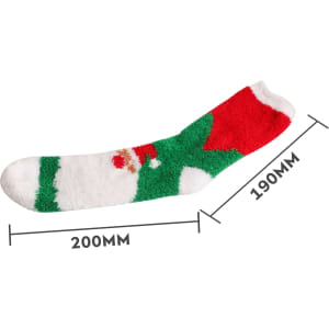 A green and white coral fleece sock with red accents, featuring a festive holiday design and a logo.