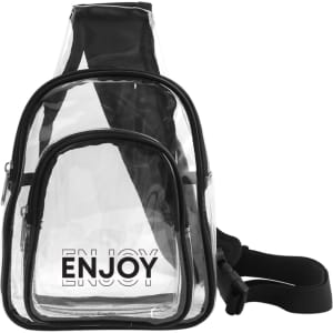 A clear PVC crossbody backpack with a black trim and a front zip pocket. It features a logo on the front.