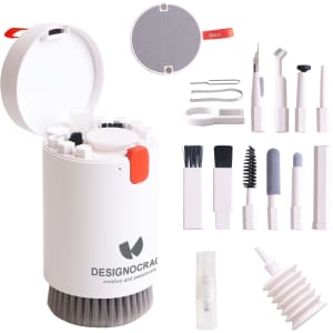 A white 20-in-1 cleaning kit with various tools and a logo, featuring brushes, cloths, and a spray bottle.