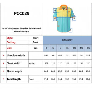 A light blue and orange button-up shirt featuring a logo and a size chart with various measurements.