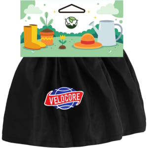 Waterproof boot covers in black with a logo, displayed with a gardening-themed background and hanging tag.