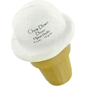 A white ice cream shape stress reliever featuring a waffle cone and a smooth scoop on top, with a logo.