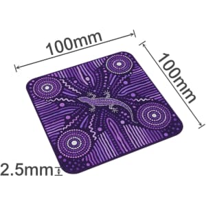 A square, purple diatomaceous coaster featuring a lizard design. It measures 100mm x 100mm and has a logo.