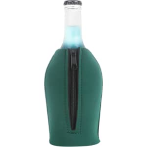 A green drink bottle cooler with a zipper, designed to hold a standard bottle securely.
