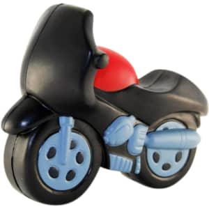 A black and red motorcycle-shaped stress reliever with blue wheels, featuring a logo on its side.
