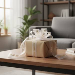 A soft cream ribbon with gold text is elegantly tied on a brown gift box, placed on a wooden table in a bright room.