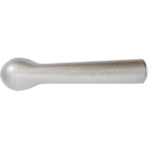 A silver ice cream scoop with a rounded handle and a smooth metallic finish. It features a brand logo.