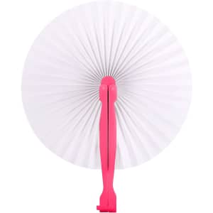 A round plastic paper fan featuring a pink handle and a white, pleated fan blade. It has a logo on the handle.