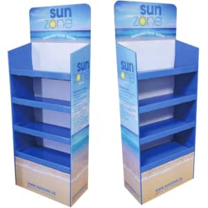 A premium cardboard floor display in blue with multiple shelves and a branding logo at the top.