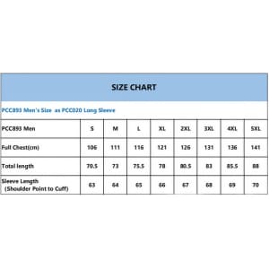 A size chart for a men's long sleeve shirt, detailing measurements for chest, length, and sleeve.