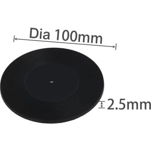 A black coaster resembling a vinyl record, measuring 100mm in diameter and 2.5mm thick, with a central hole and grooves.