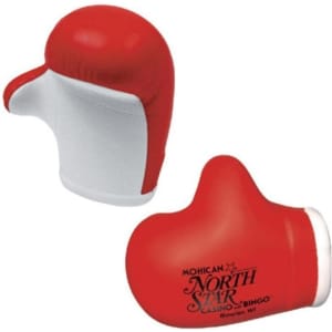 A red boxing glove-shaped stress reliever with a white accent and a branding logo on one side.