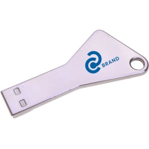 A silver tri-key flash drive with a logo, featuring a unique key shape.