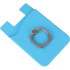 A blue phone wallet with a ring holder, featuring a smooth surface and a slot for cards.