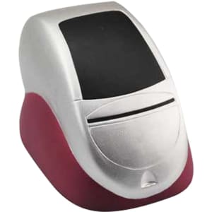 A silver and red stress reliever shaped like a classic stapler, featuring a black top and a smooth finish.