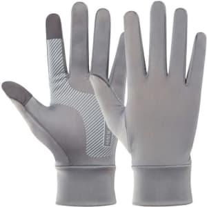 A pair of light grey full finger gloves featuring a textured grip and a logo. Suitable for touchscreen use.