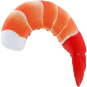 A shrimp-shaped stress reliever in shades of orange and red, featuring a curved design. It has a logo on one side.