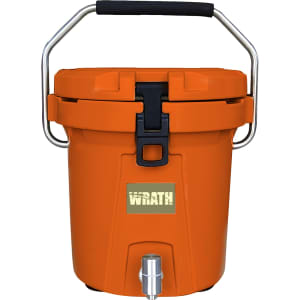 An orange ice bucket with a metal handle and a faucet at the bottom. Features a branding logo on the front.