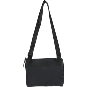 A black lightweight crossbody bag with an adjustable strap and a zippered closure, featuring a simple design.