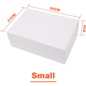 A small white foldable magnetic box with dimensions marked. It features a ribbon and has a logo.