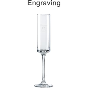 A straight champagne flute made of clear glass with a long stem and an engraving.