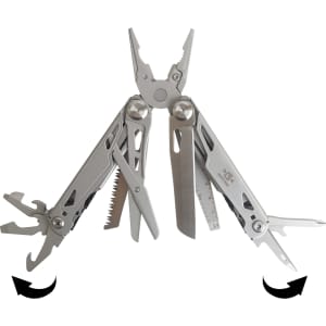 A silver multi-tool with pliers, a knife, saw, screwdriver, and other tools, featuring a logo.