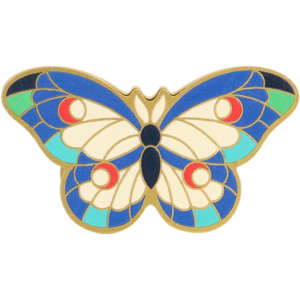 A colourful butterfly design featuring blue, green, and red patterns, outlined in gold. The image includes a logo.